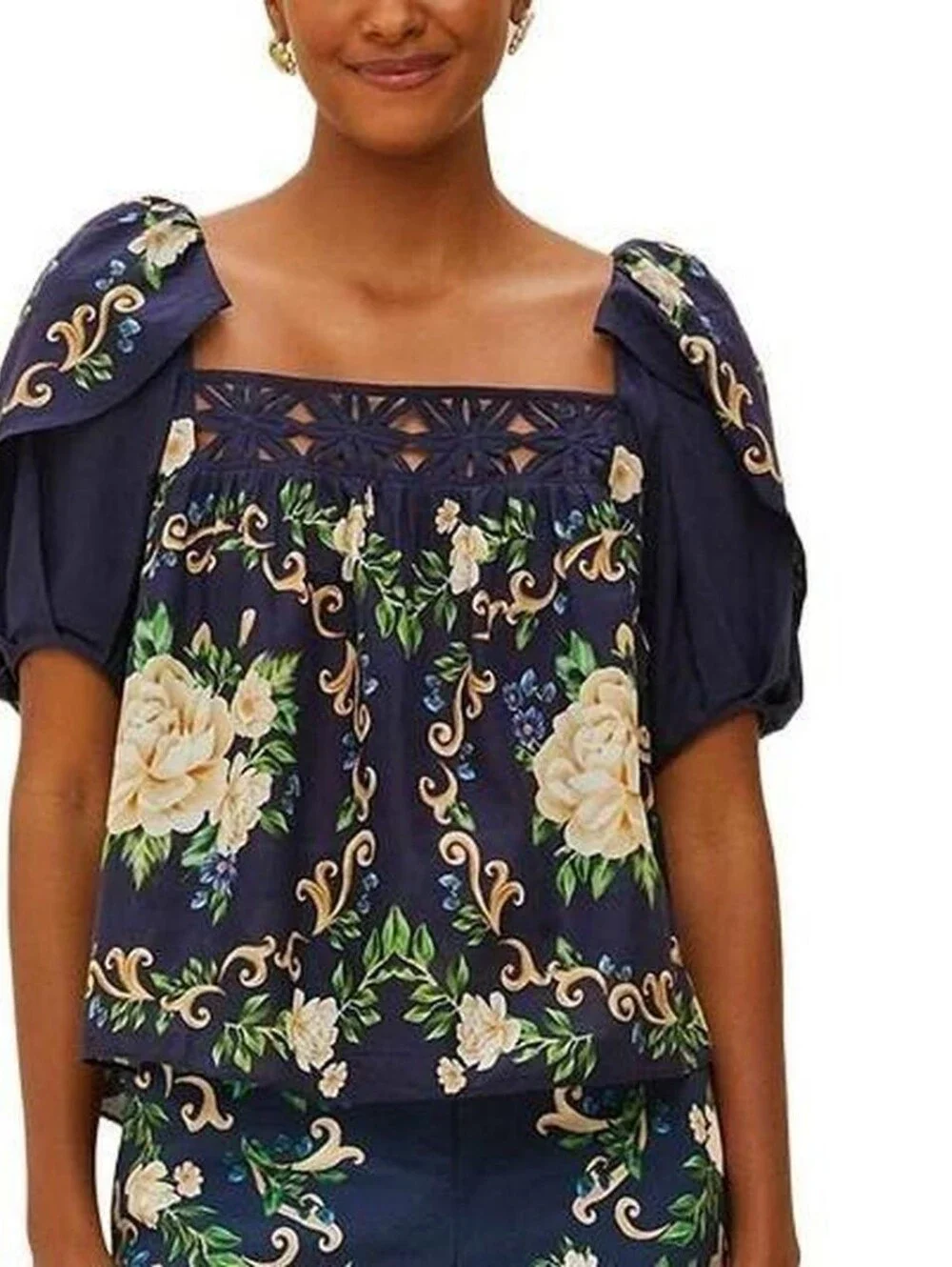 NWT FARM RIO® Floral Square-Neck Navy Women’s Top- M